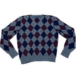 VTG Polo Ralph Lauren Men's XXL Lambswool Gray Blue Red Argyle V Neck Sweater